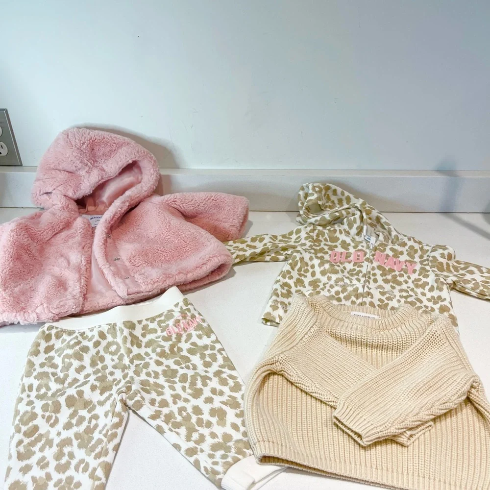 Baby Girl 3-6 Months Winter lot, faux fur pink dress coat, animal print old navy